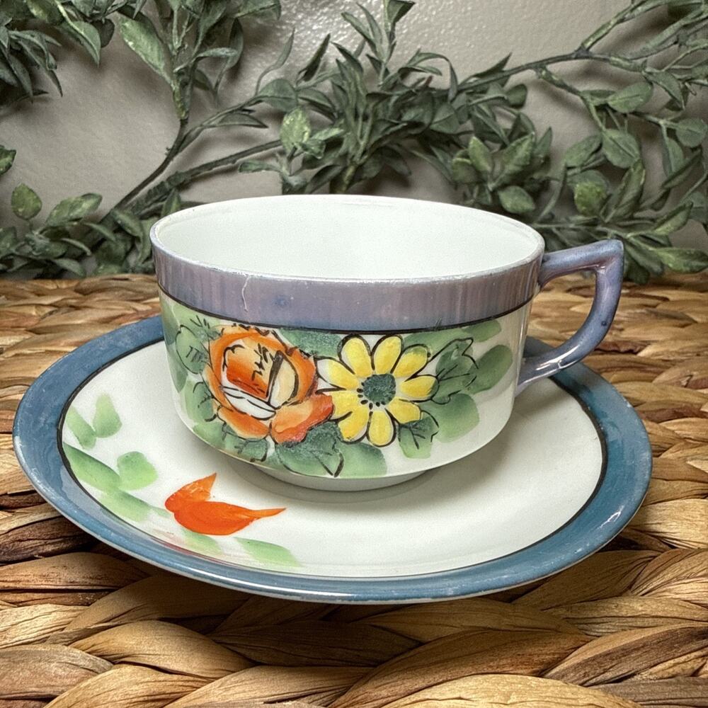 Japanese Lusterware Teacup & Saucer Set Handpainted Blue w/ Flowers Vintage